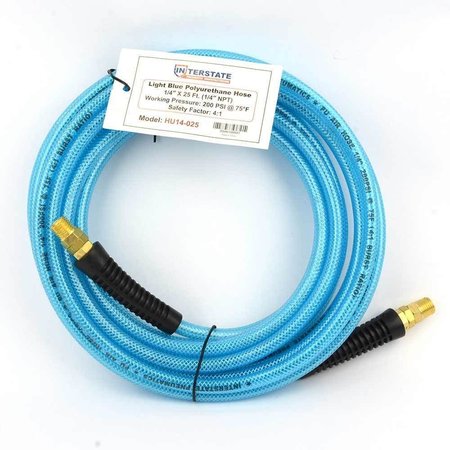 INTERSTATE PNEUMATICS Light Blue Polyurethane (PU) Hose 1/4 Inch x 25 feet 200 PSI with Two 1/4 Inch Solid Fittings HU14-025